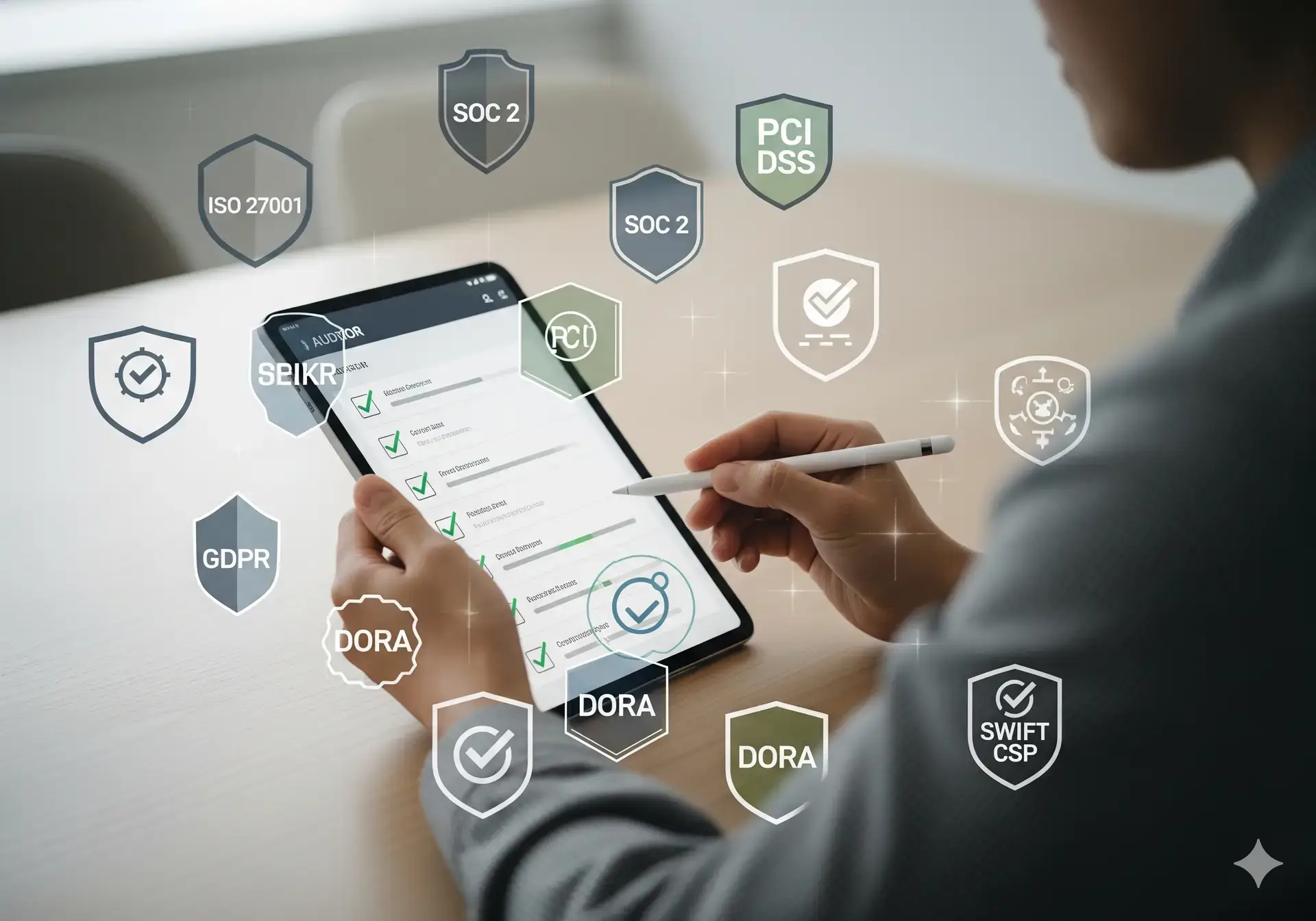 Auditor reviewing a cybersecurity compliance checklist with abstract framework icons