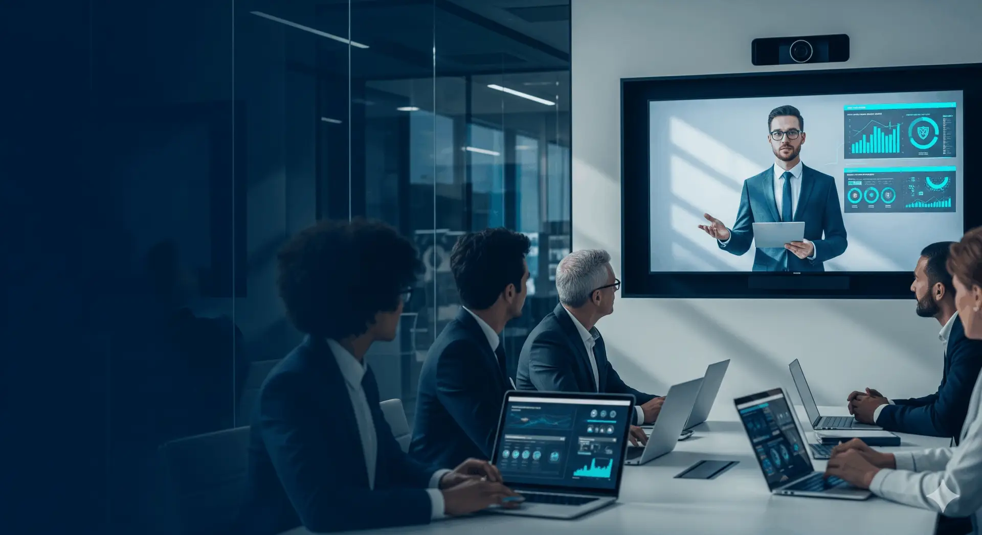 Fintech team with remote vCISO leading a security briefing in a modern office.