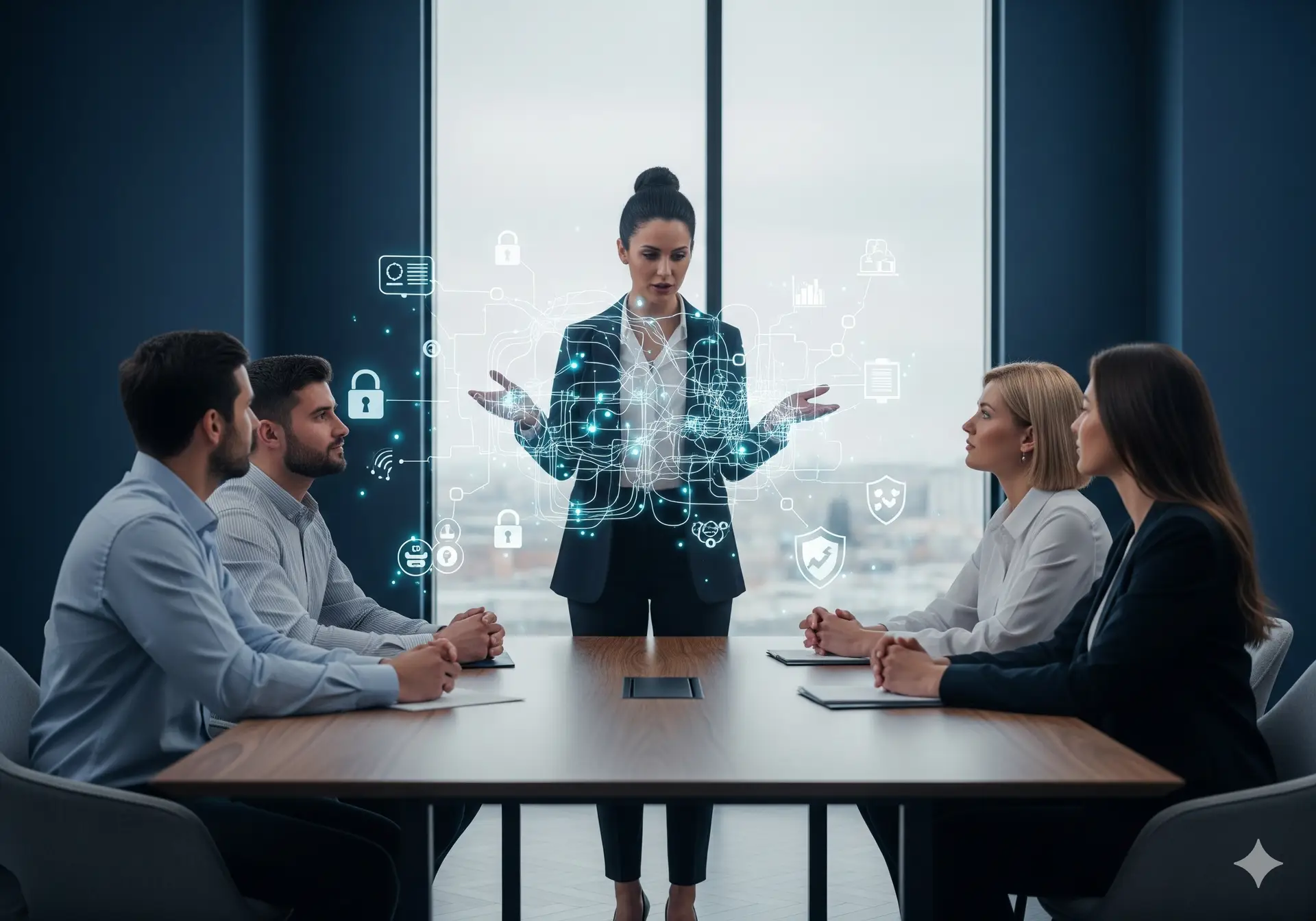 Privacy expert advising a fintech team with abstract data-flow visuals.